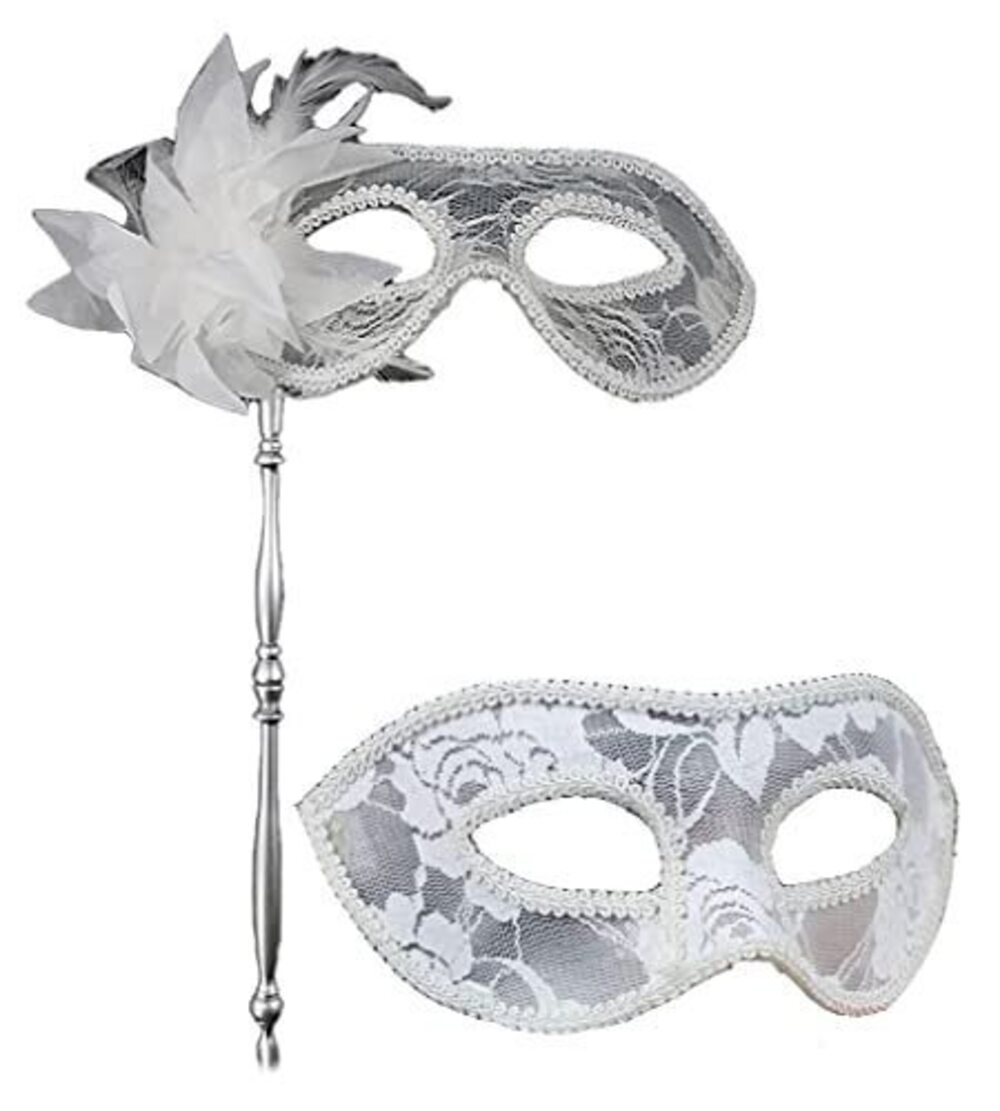 6277 Couples Foldable Handheld Lace Veil Translucent Mask with Side Feather